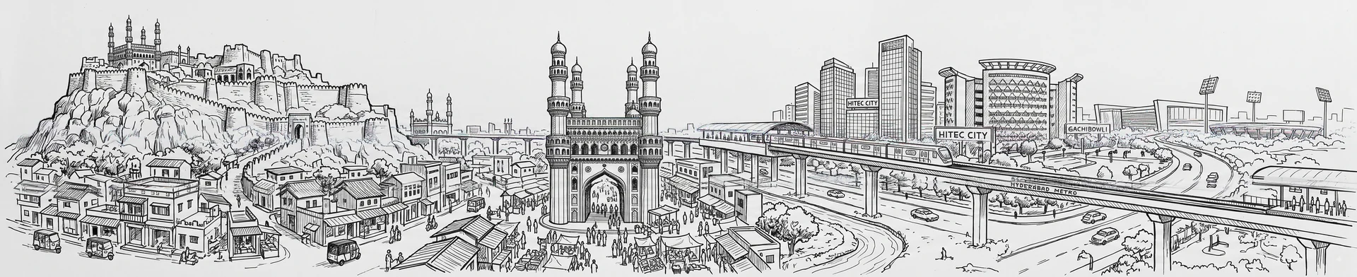 Hyderabad city transport and landmark sketch